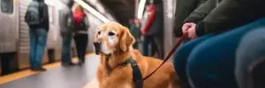 A dog on a leash sitting on a subway platform beside its owner.